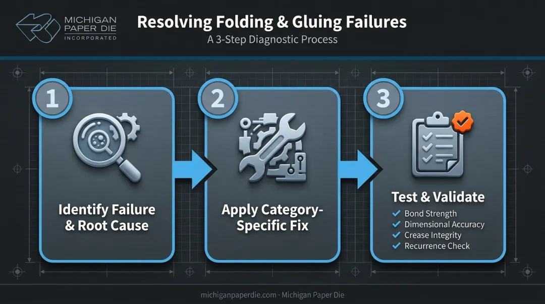 3-step folding carton failure diagnostic and repair process flow
