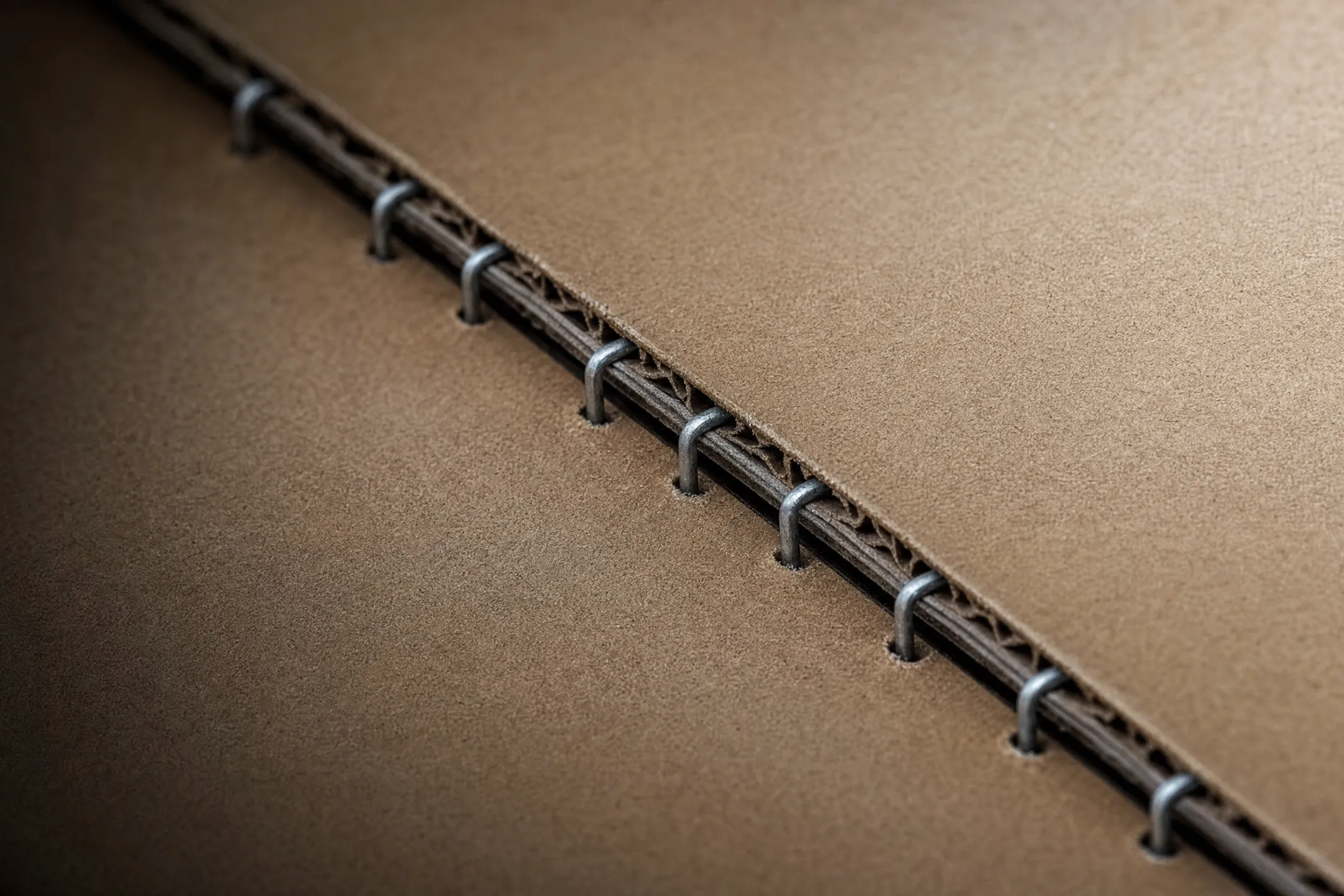 Close-up of industrial staple stitching joint on corrugated shipping crate