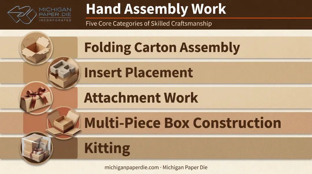 Five common hand assembly tasks in packaging finishing process