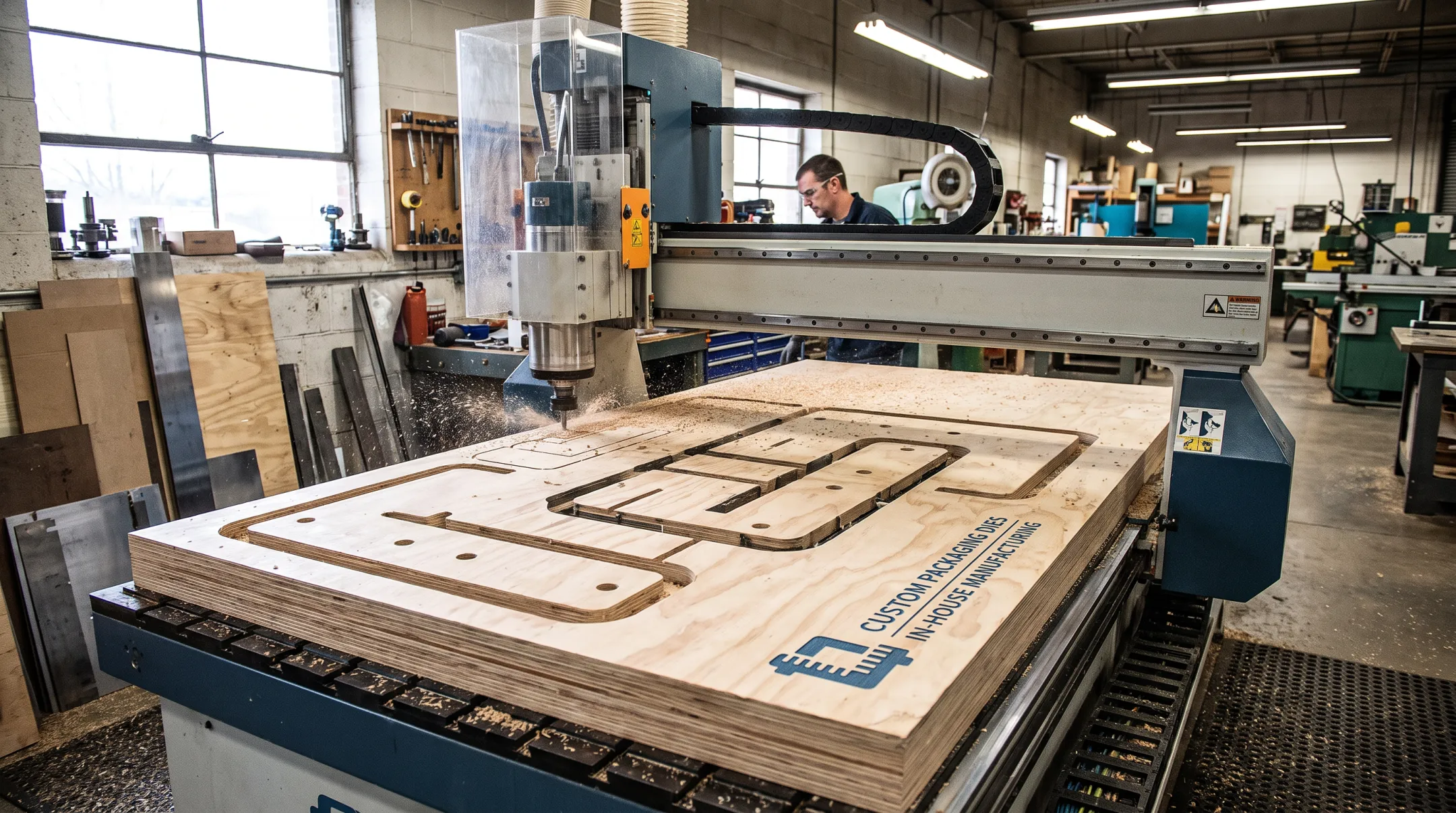 CNC router cutting steel-rule die board in production facility