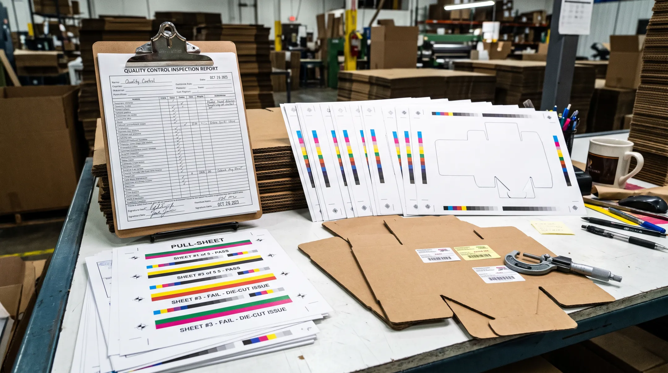 Quality control report and pull-sheet inspection process for die-cut boxes