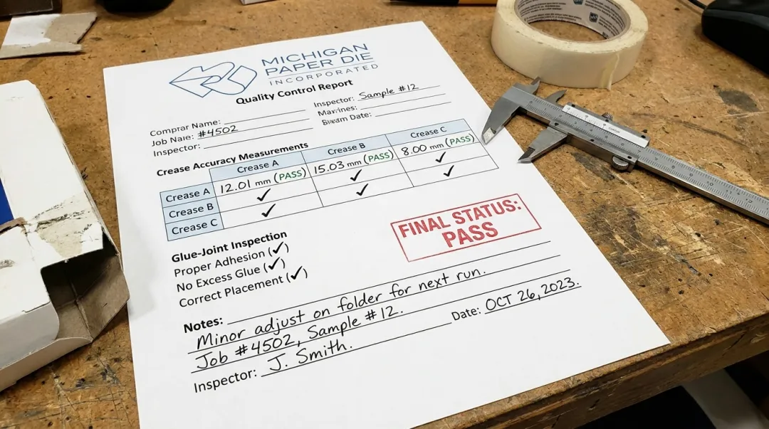 Quality control report documenting crease accuracy and glue joint inspection checks