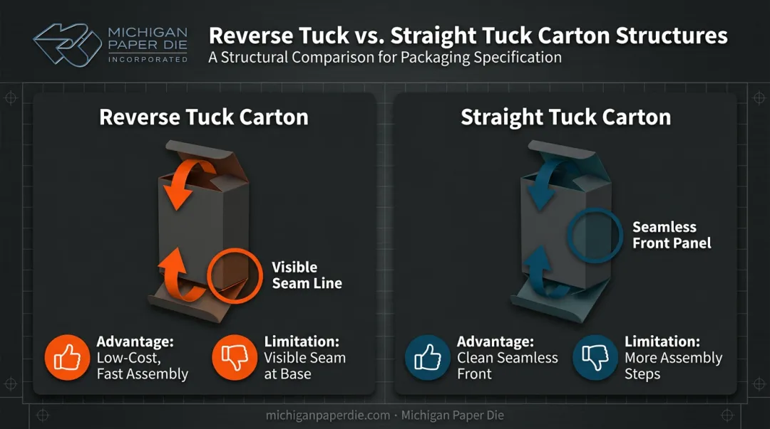 Reverse tuck versus straight tuck carton structural fold direction comparison