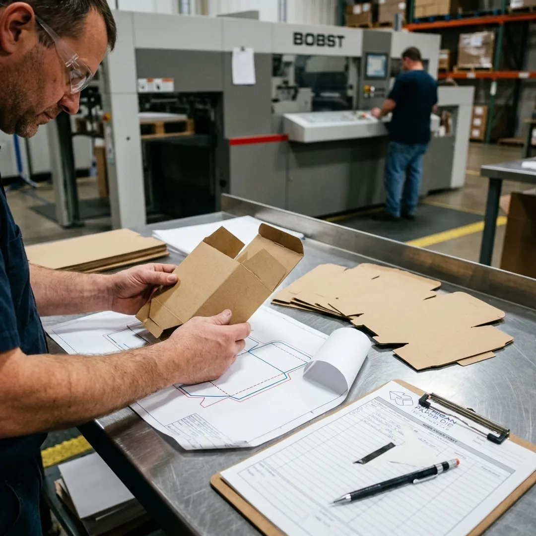 Technician reviewing folding carton mockups