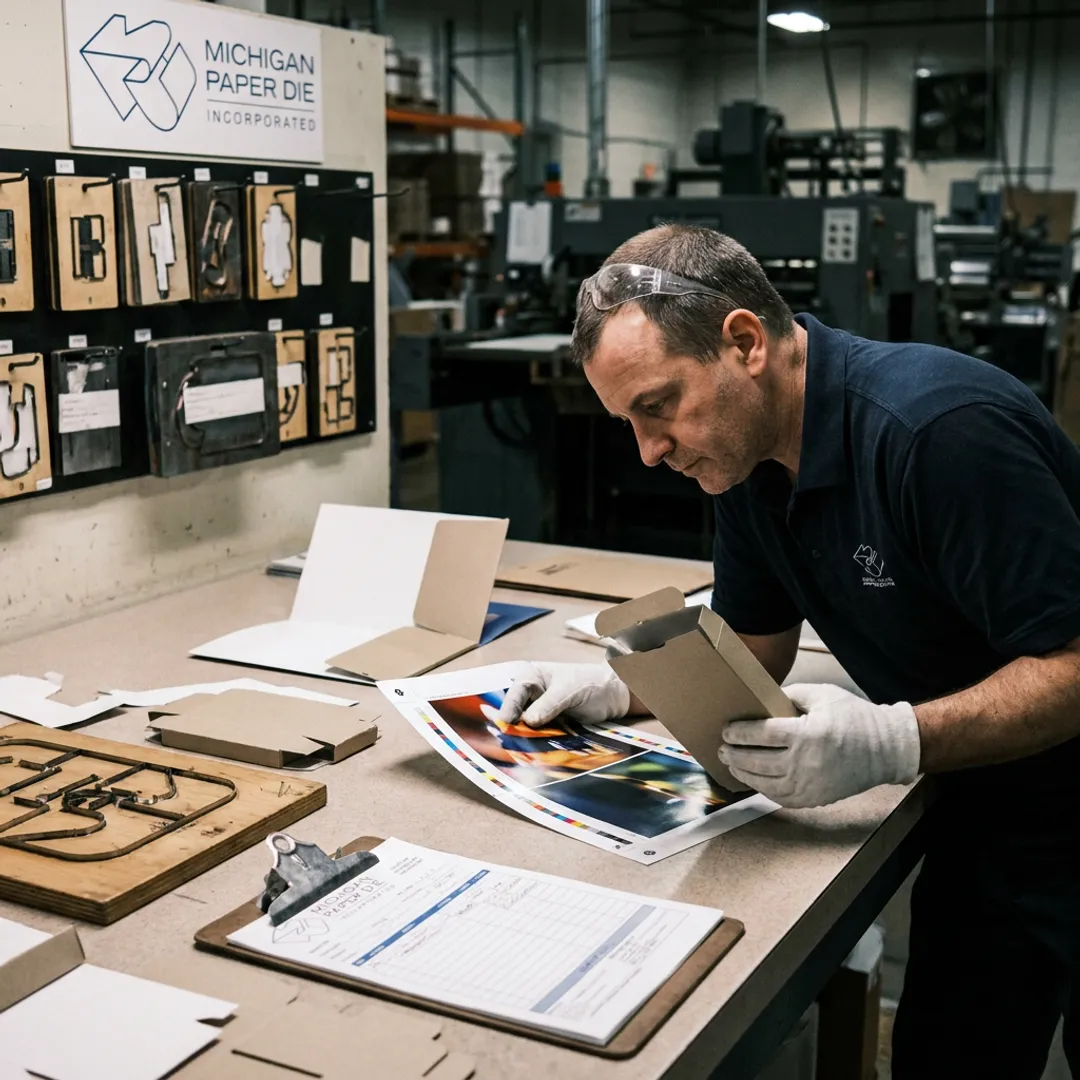 Technician inspecting die cut packaging mockups