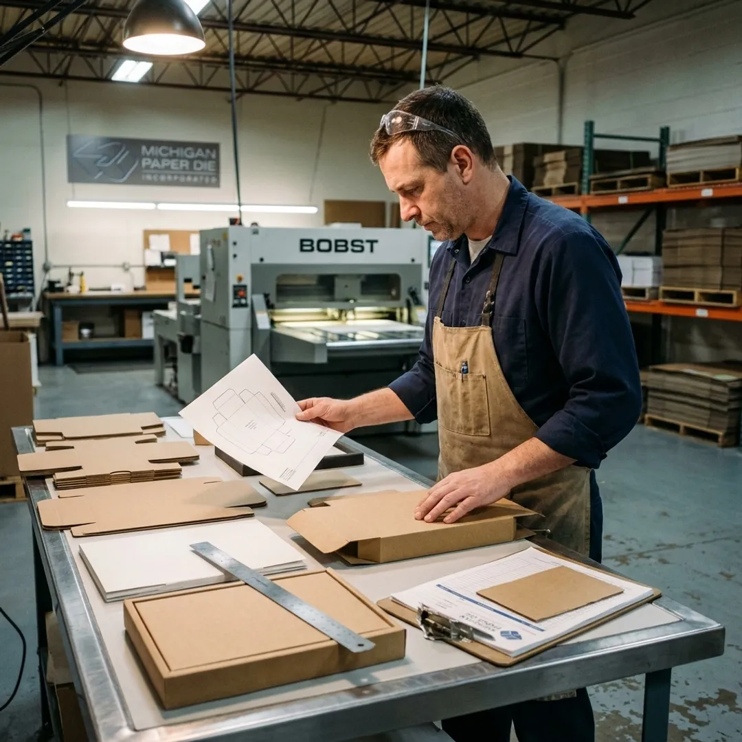 Technician reviewing custom box dielines