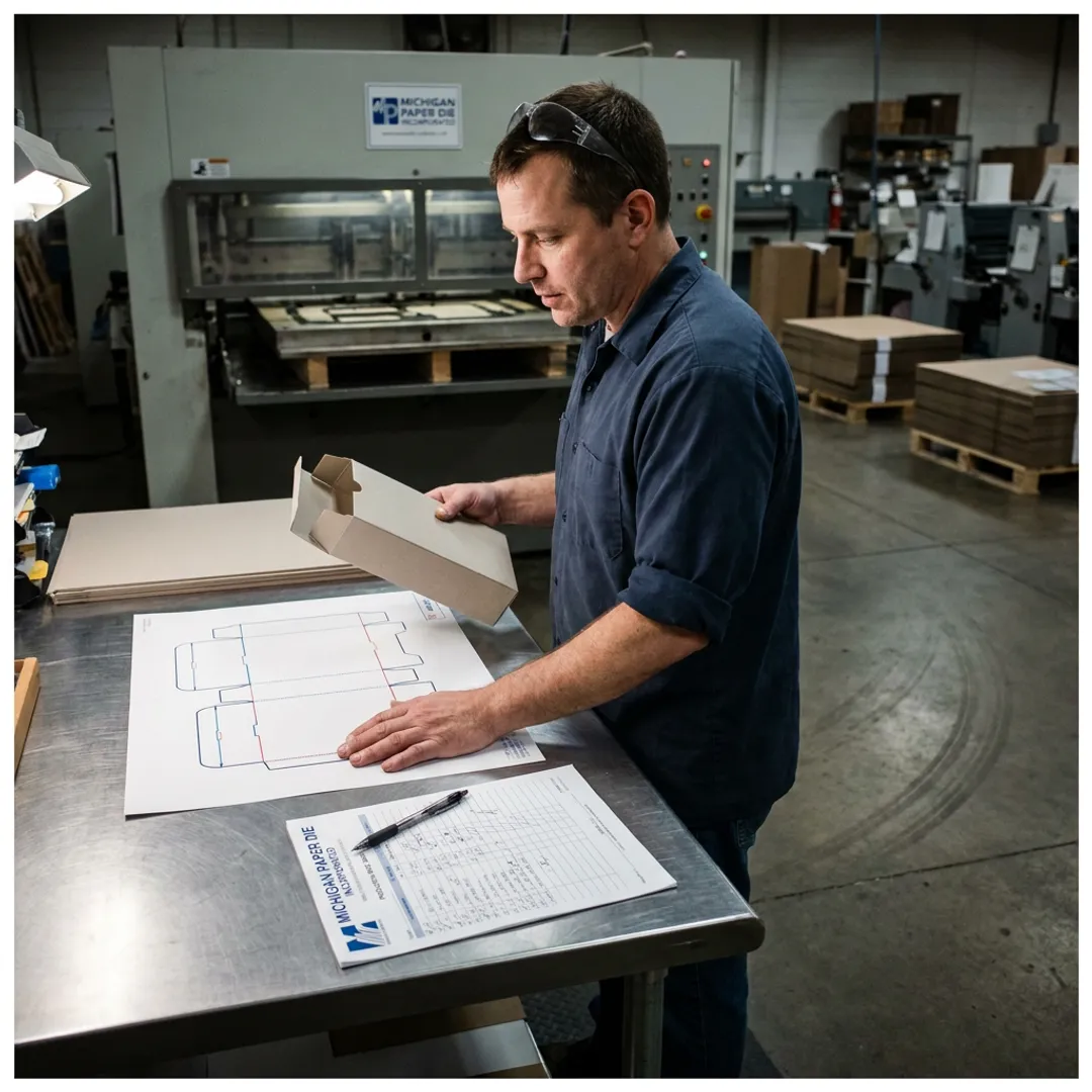 Technician reviewing tuck box mockup and dieline