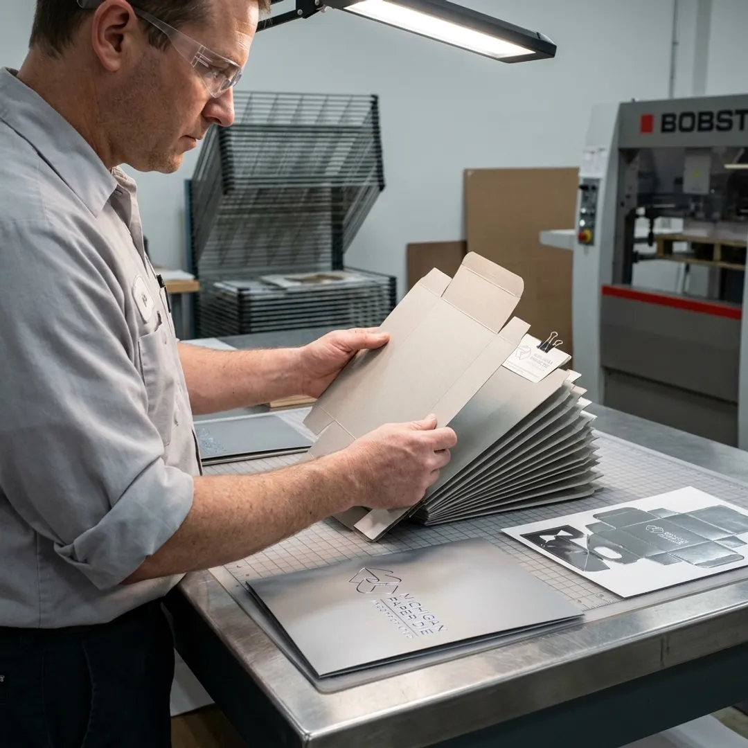 Technician reviewing custom die-cut packaging samples