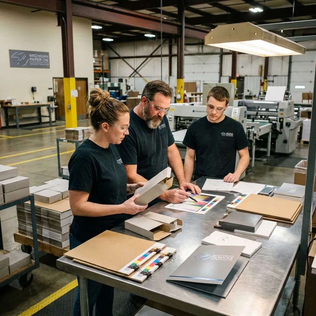Print finishing team checking production sheets