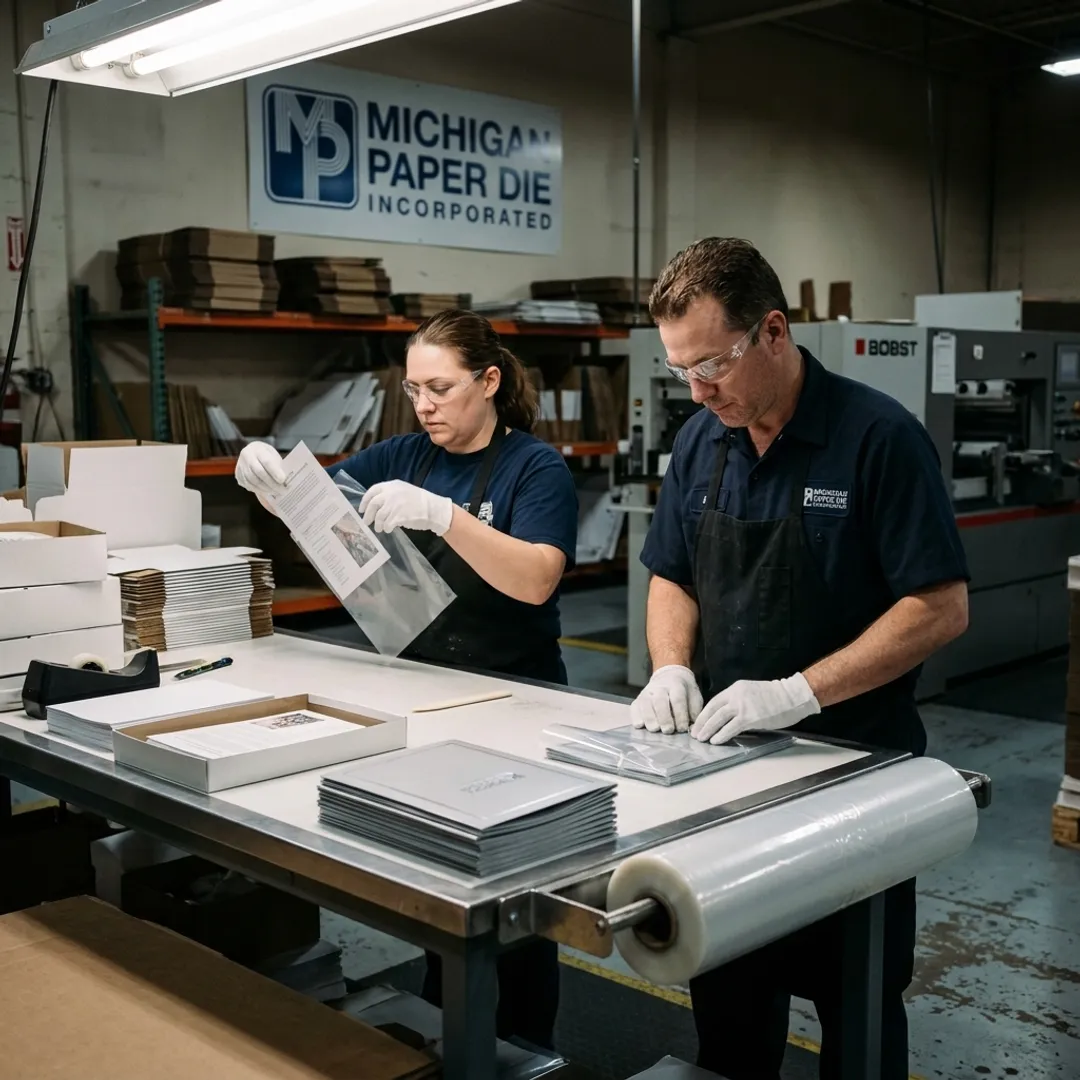 Technician organizing printed pieces for poly bagging