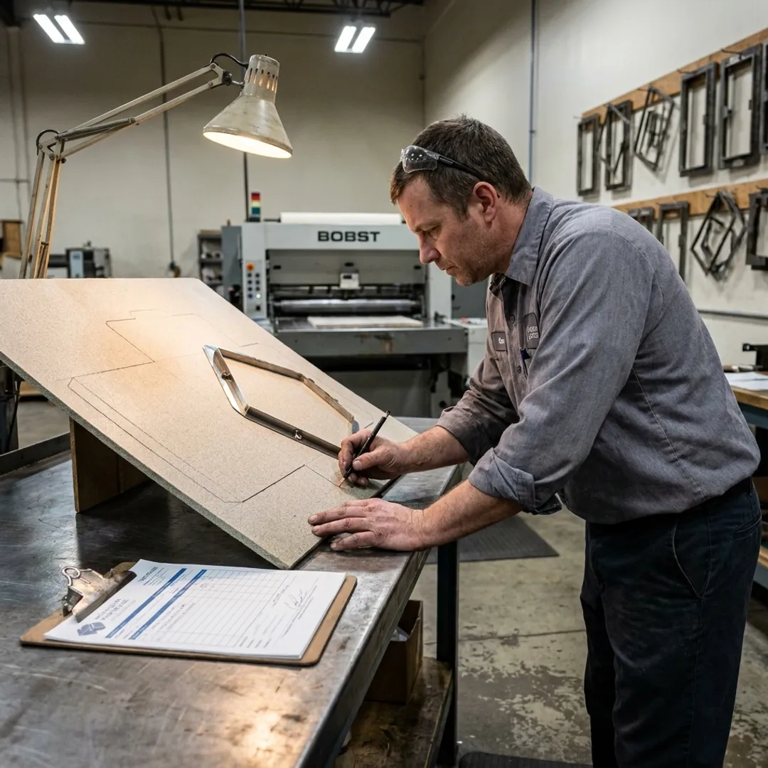 Technician reviewing custom die cut board mockup