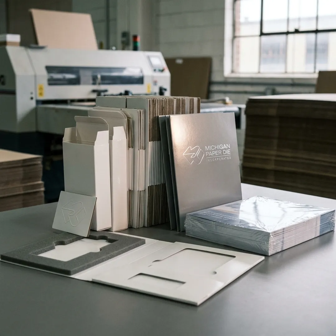Finished printed packaging on production table