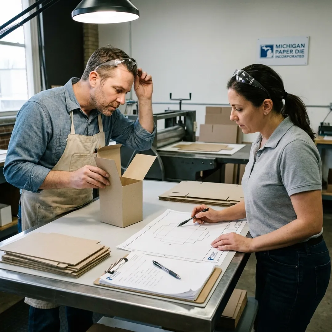 Packaging team reviewing custom carton mockups