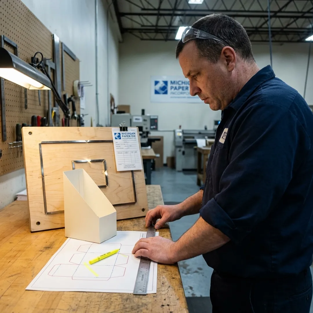 Technician reviewing dielines for die cutting