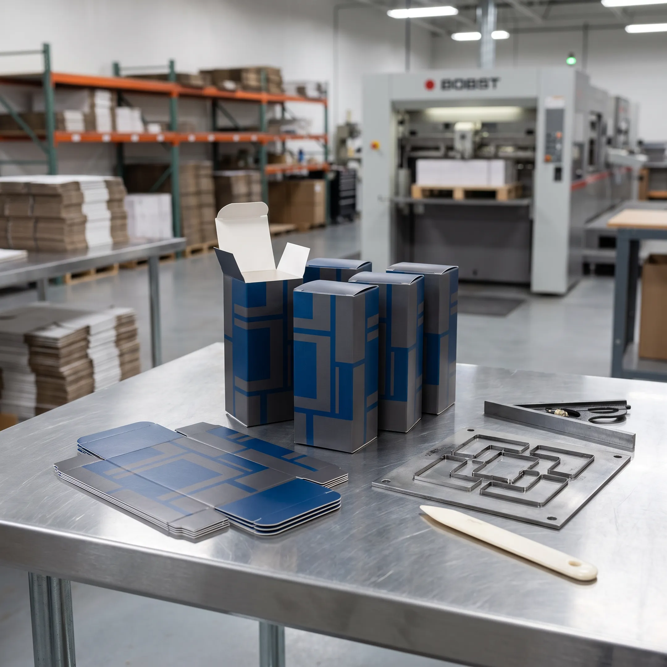 Custom foldable cardboard cartons on a production table