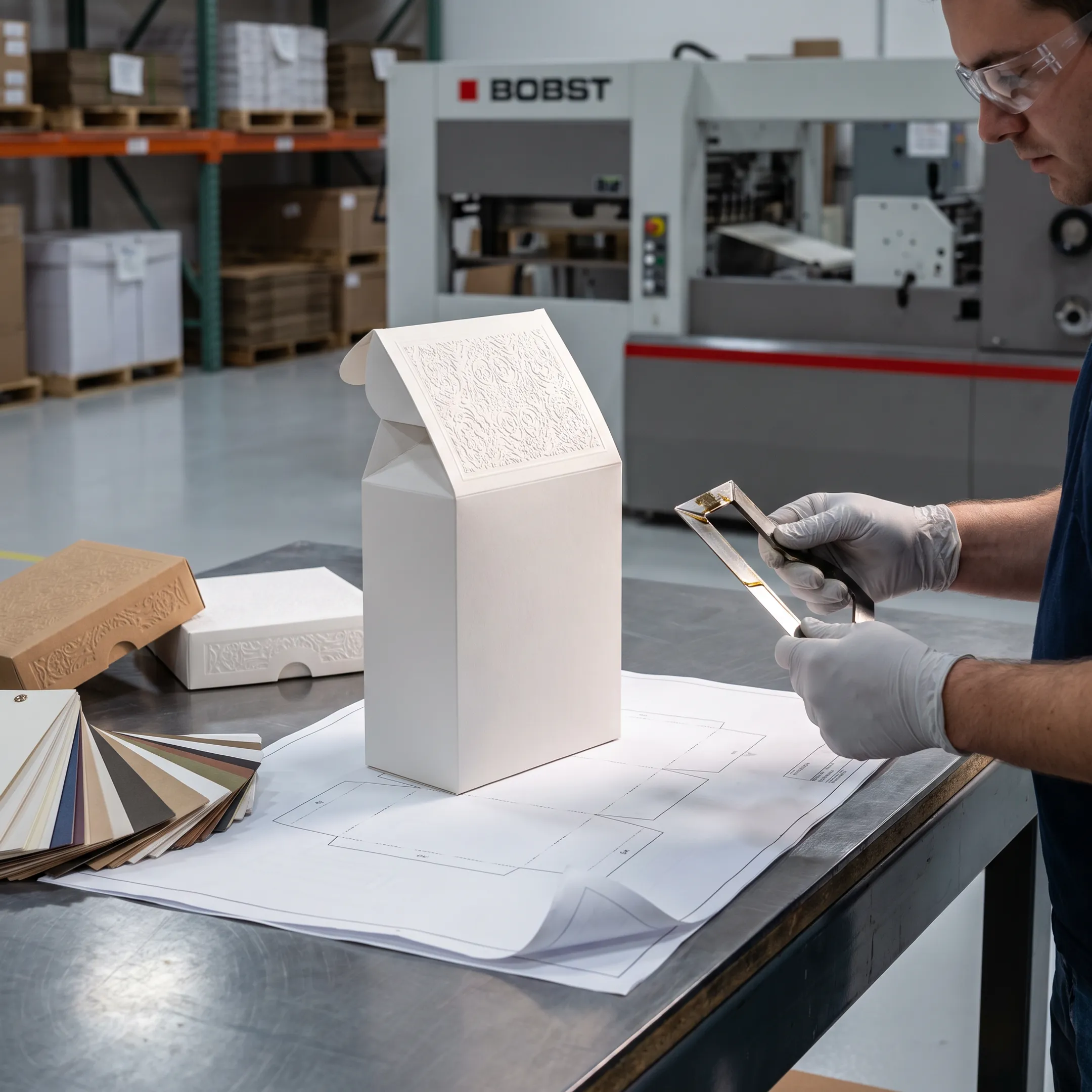 Packaging specialist reviewing a luxury box prototype