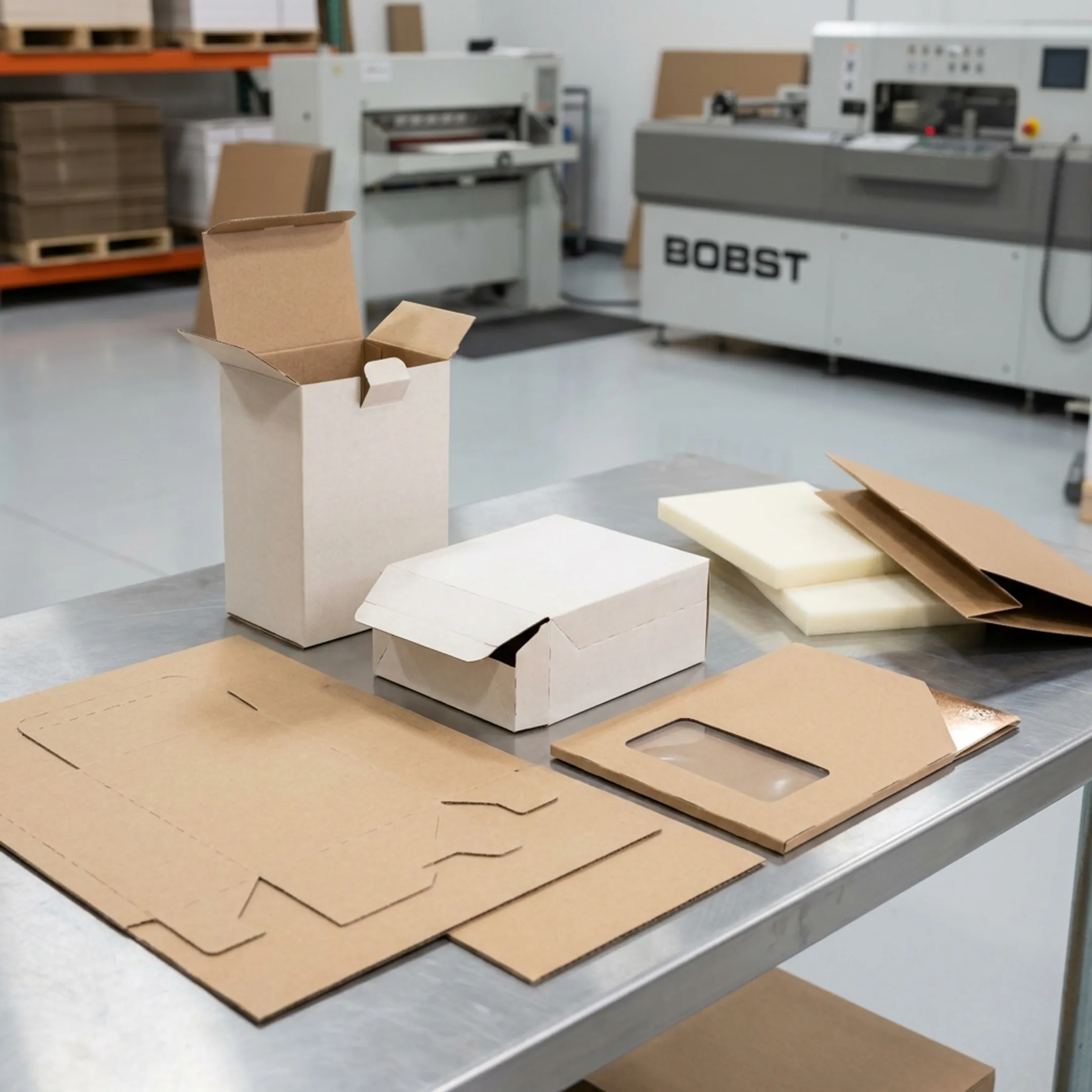 Custom printed folding cartons on a production table