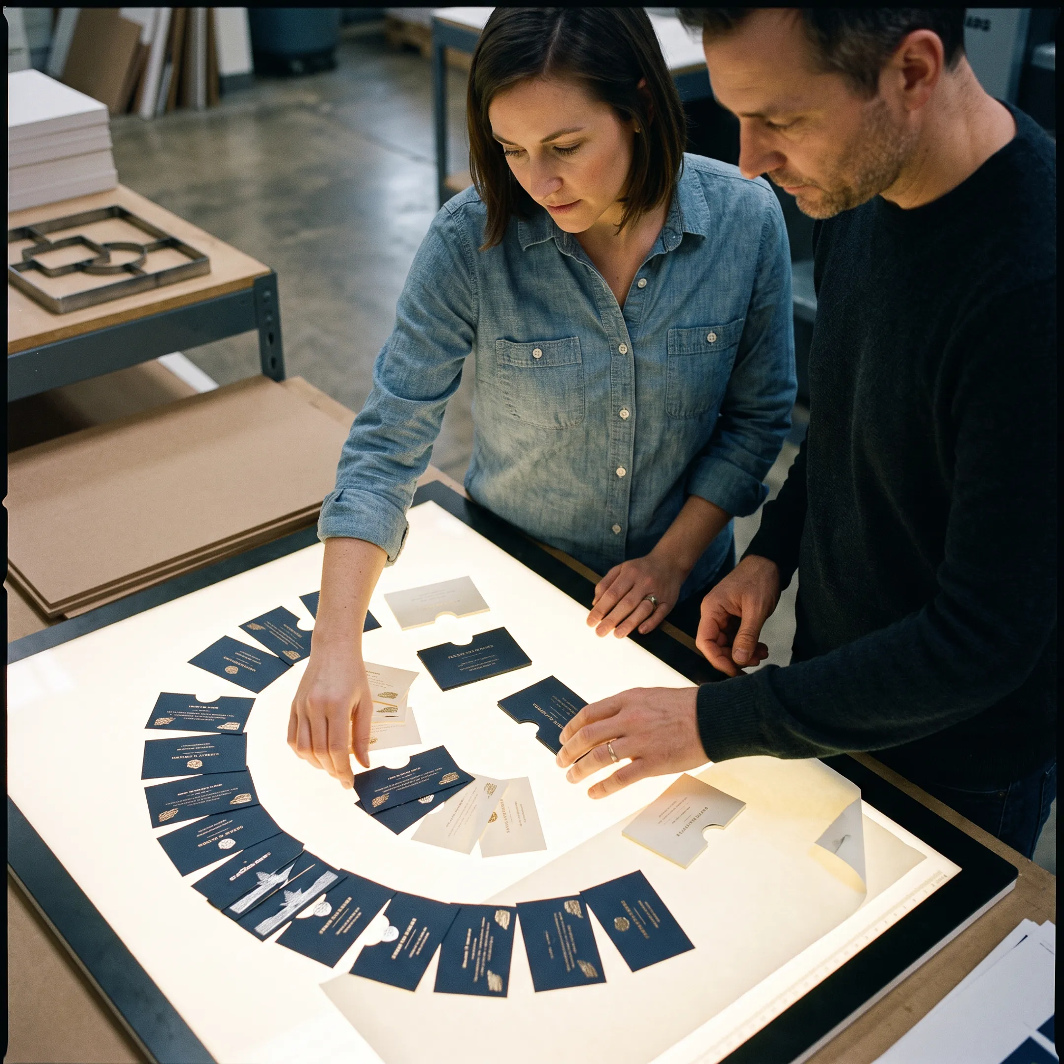 Design firm reviewing die-cut business cards