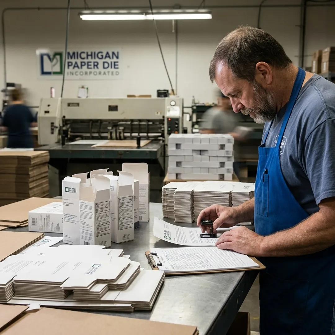 Technician inspecting folding carton production