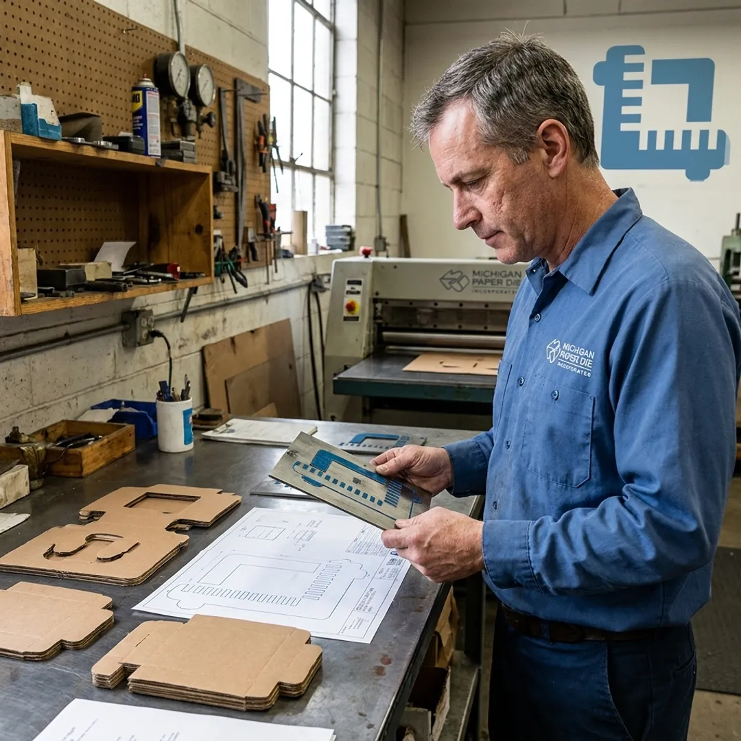 Technician inspecting die-cut packaging samples