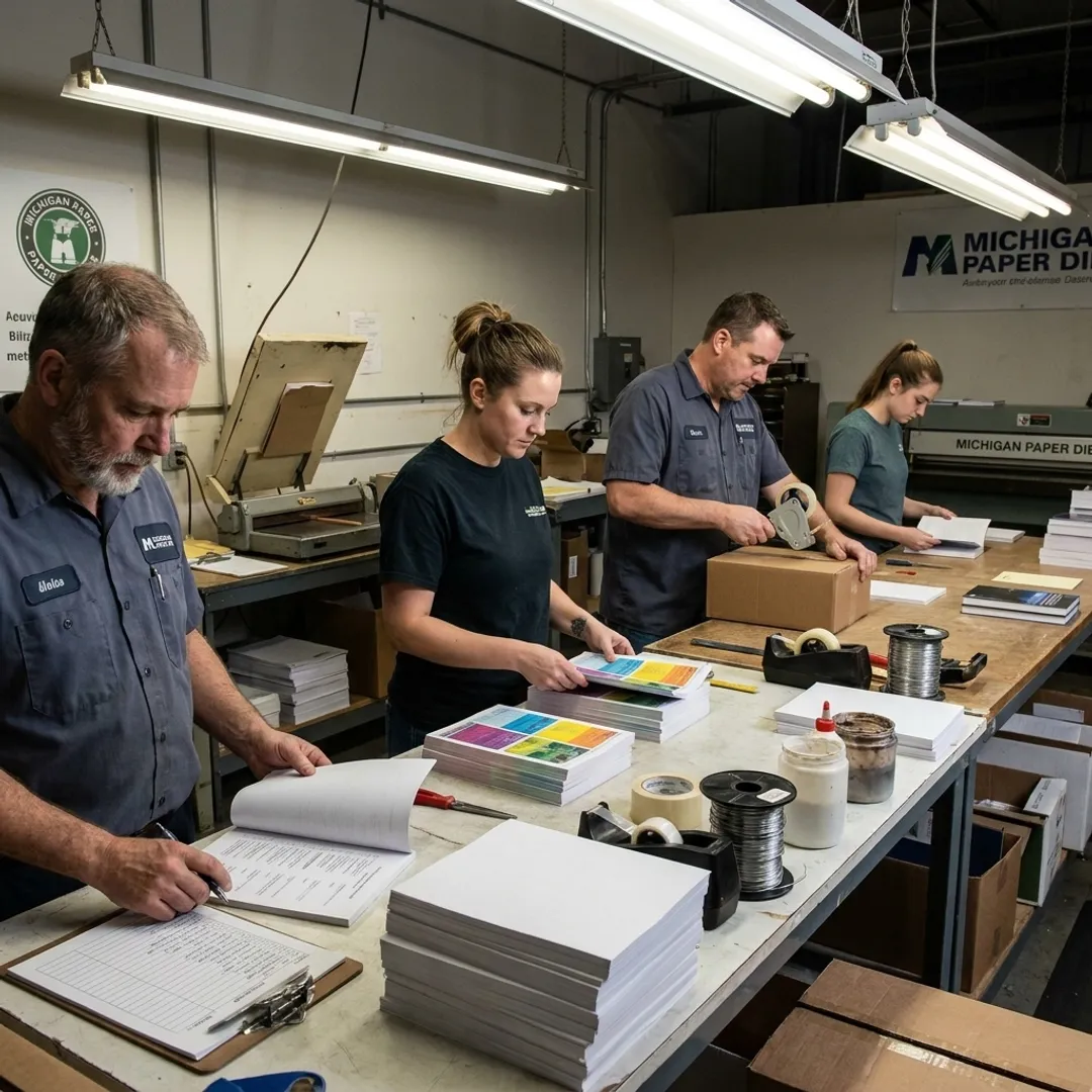 Bindery team assembling printed materials