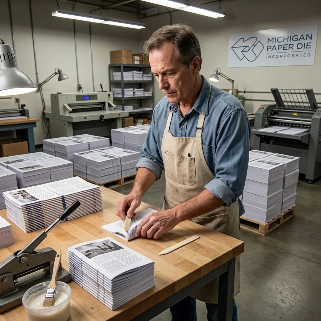 Technician finishing printed materials