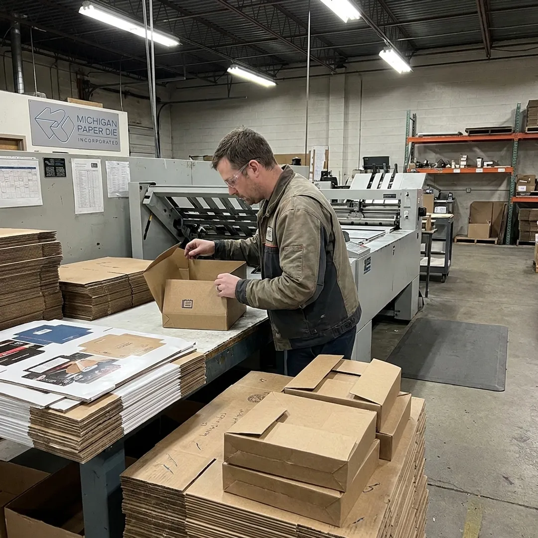 Technician checking custom folding carton production