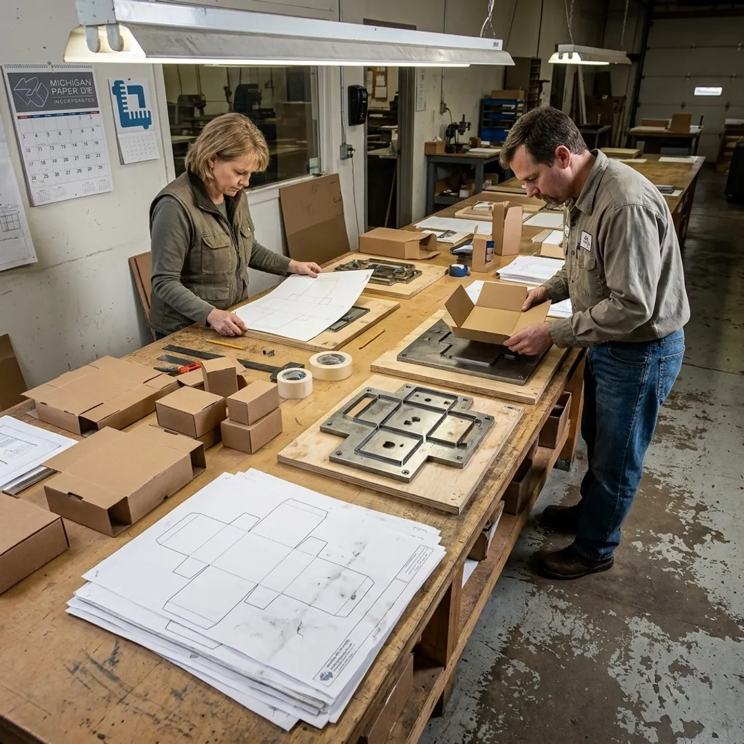 Packaging team reviewing custom box mockups and dies