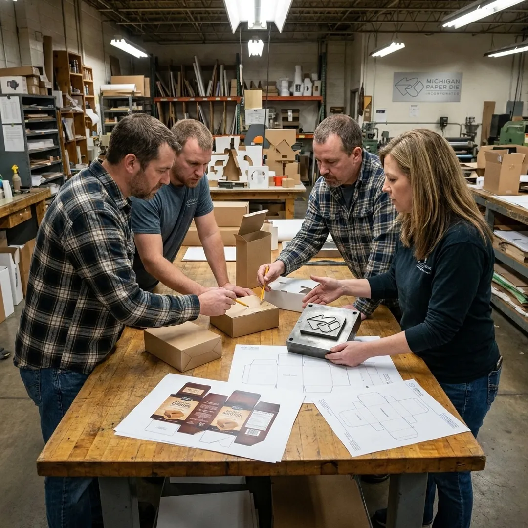 Packaging team reviewing embossed box mockups