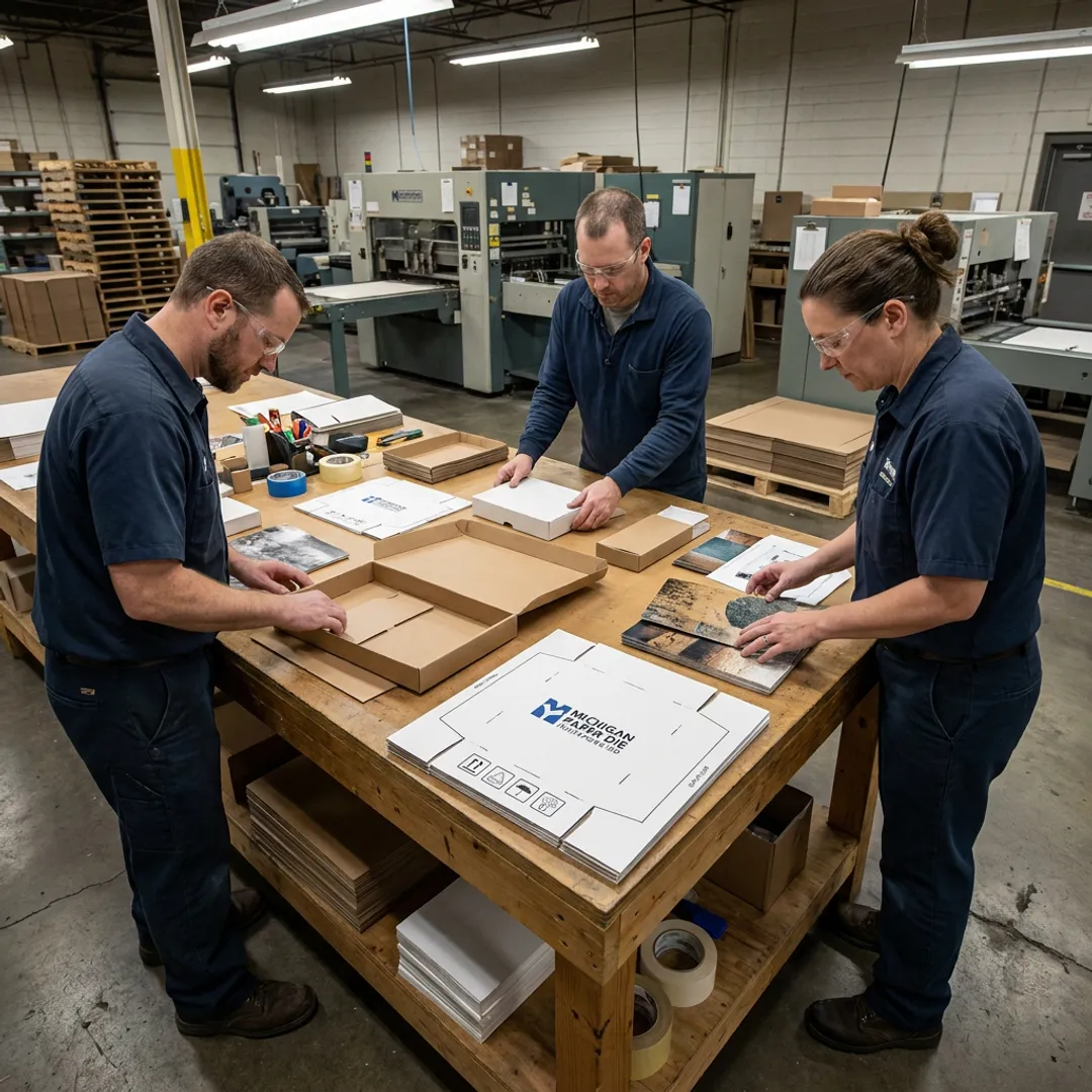 Packaging team reviewing tray and sleeve box mockup