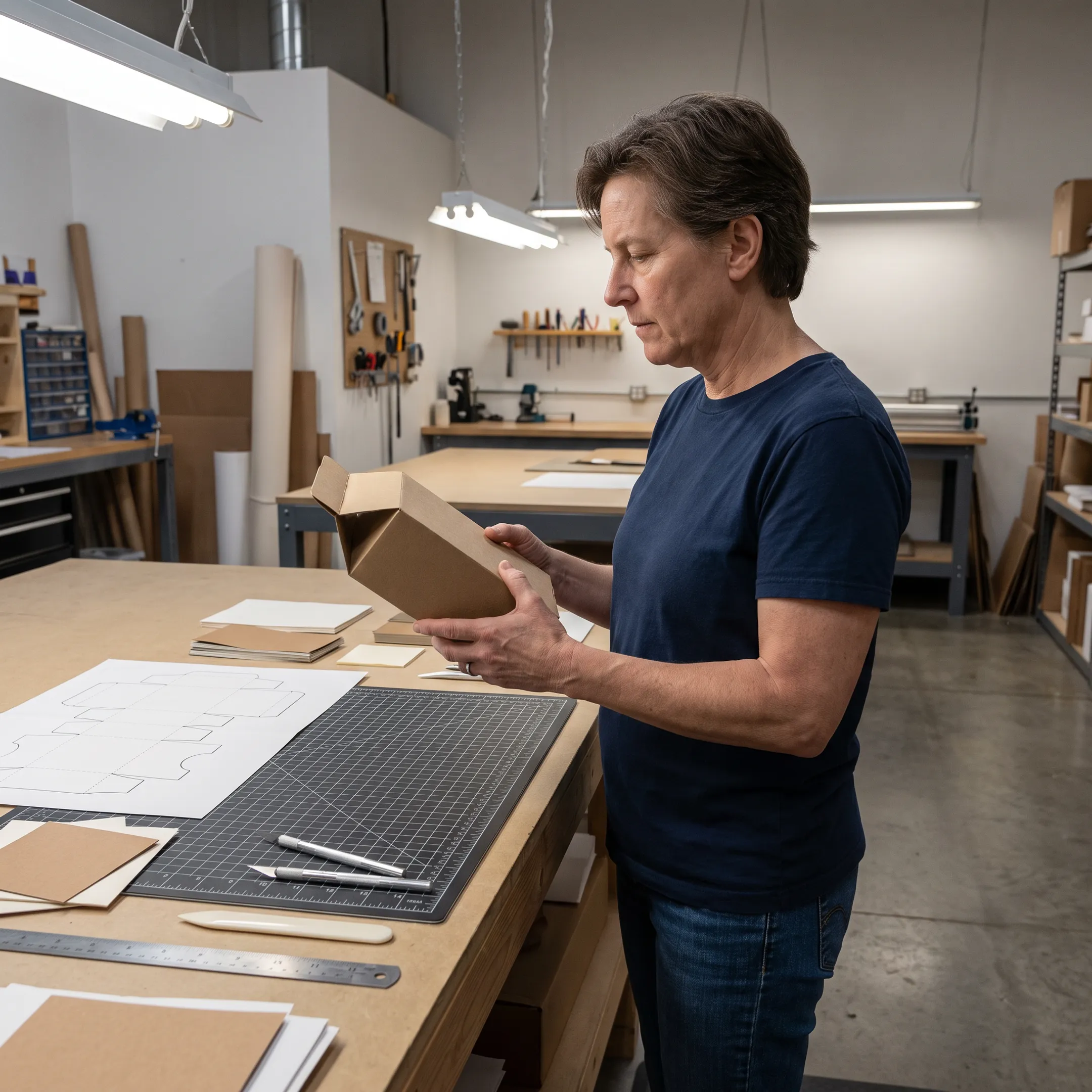 Packaging specialist reviewing a carton prototype