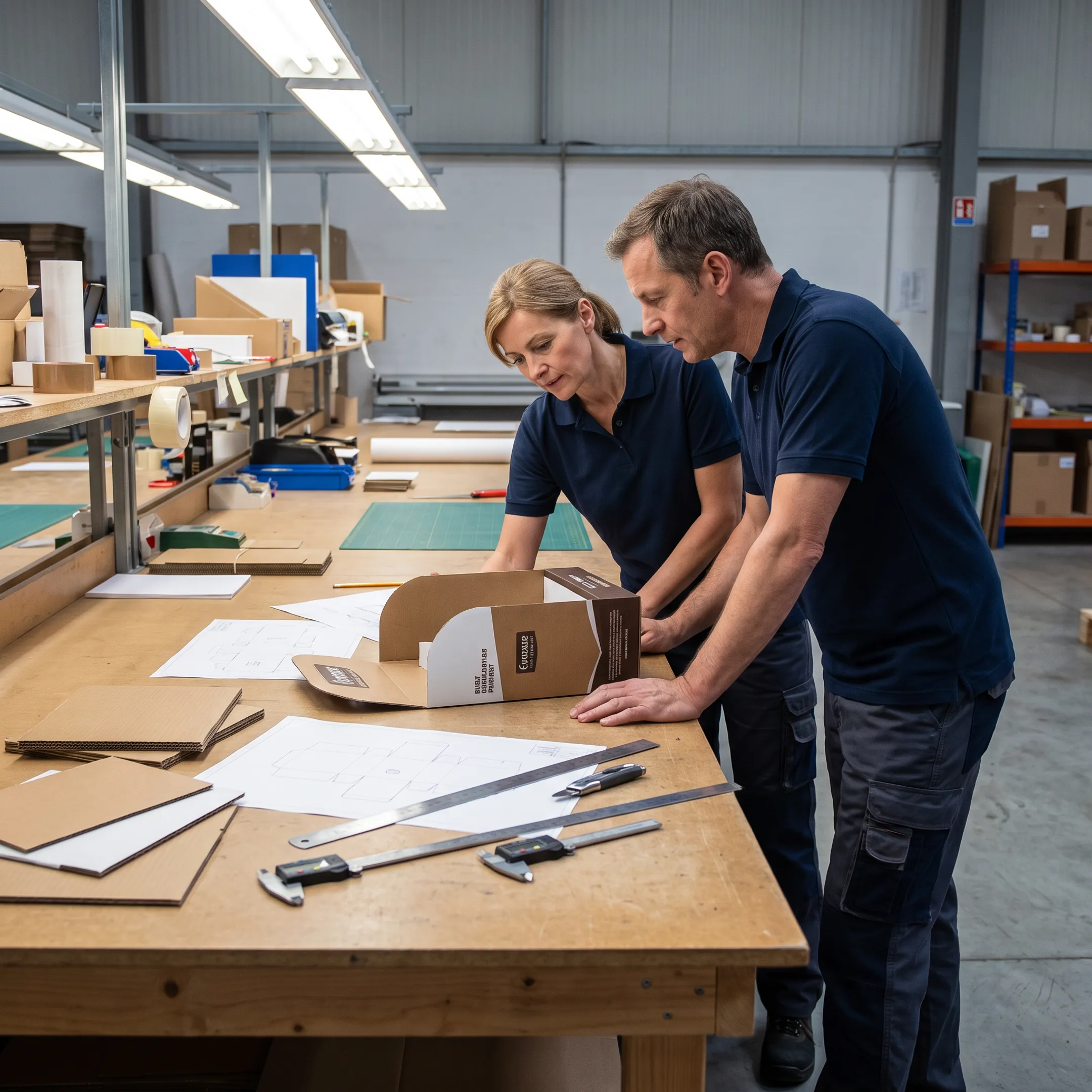 Team inspecting a retail display prototype