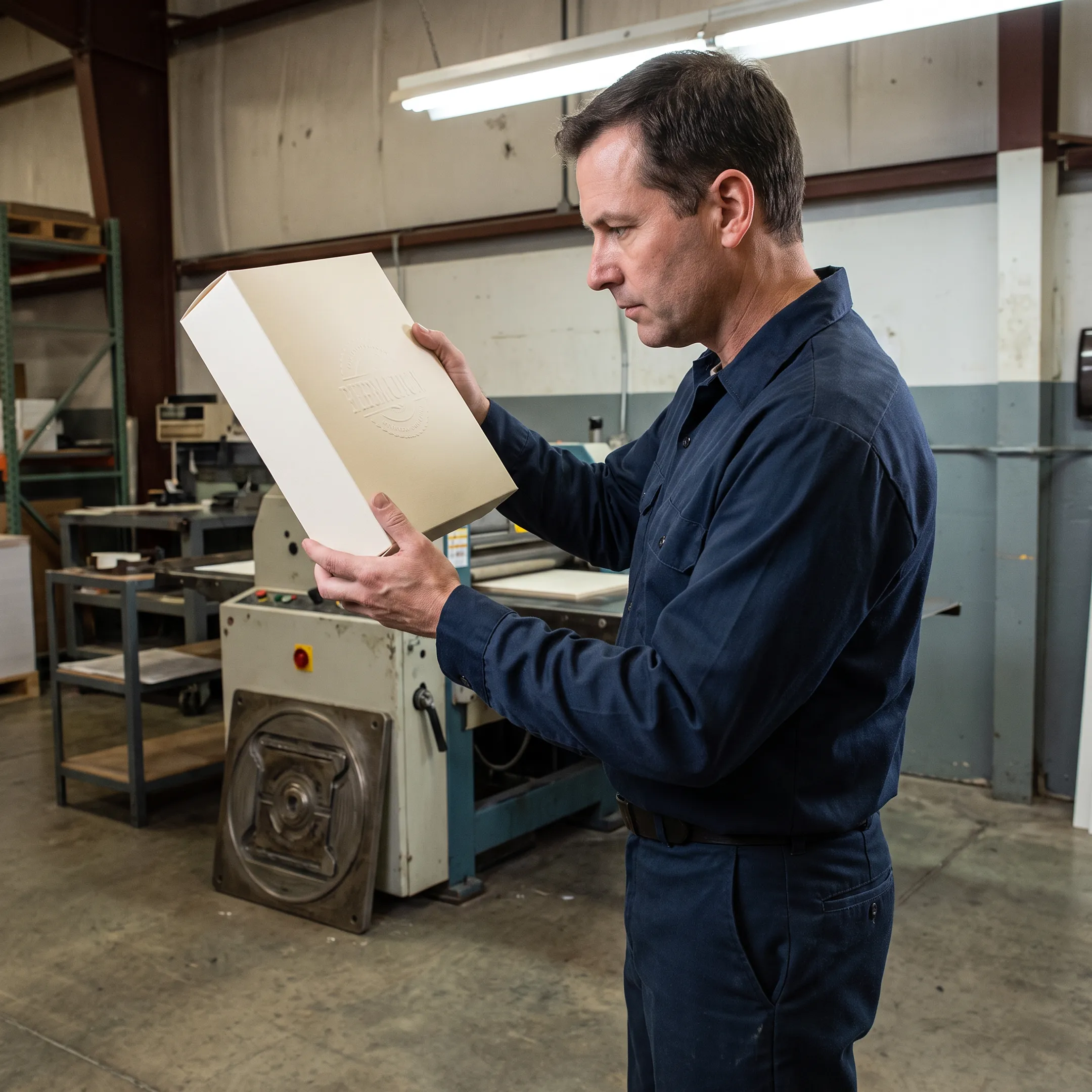 Technician inspecting blind embossed paperboard