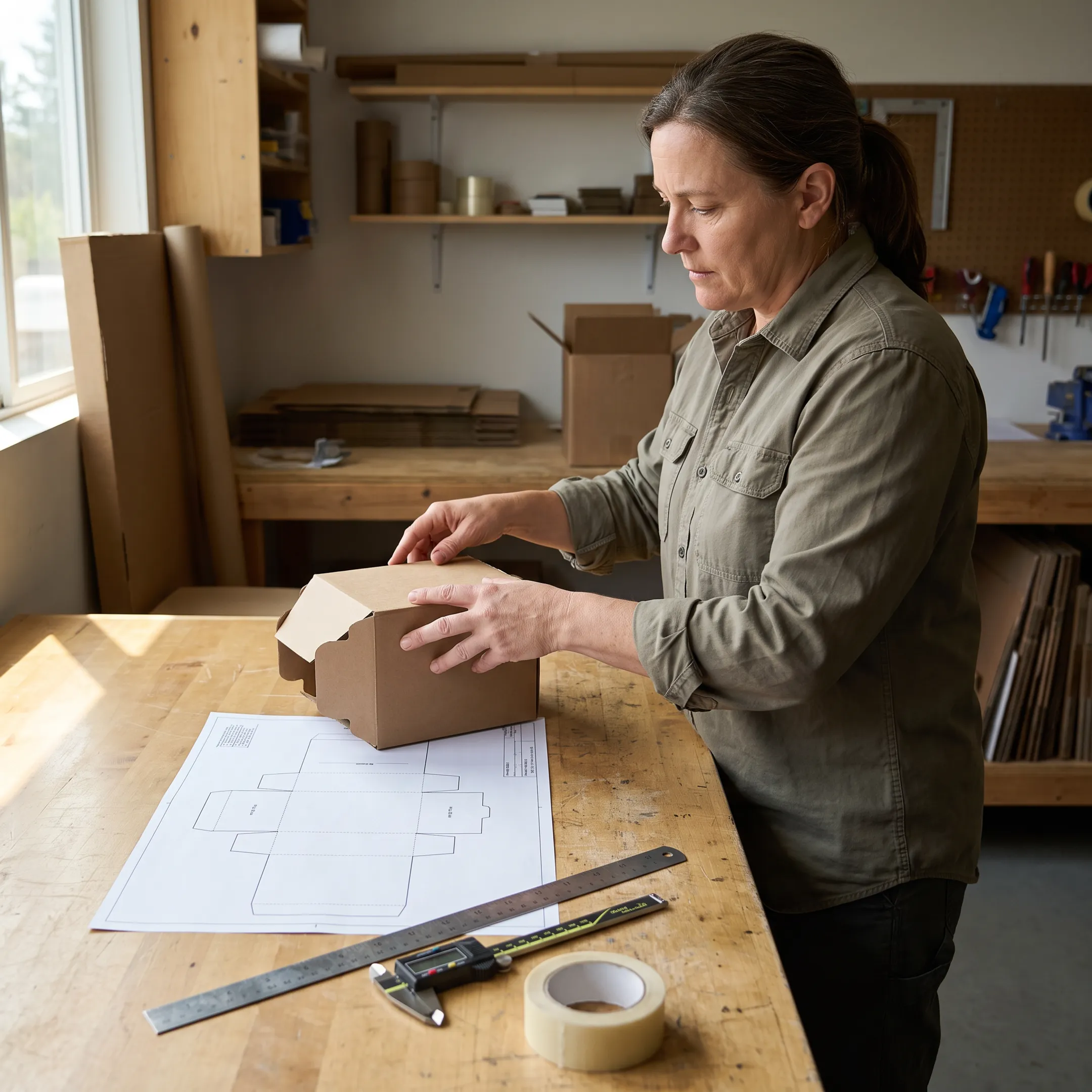 Packaging specialist reviewing a carton prototype