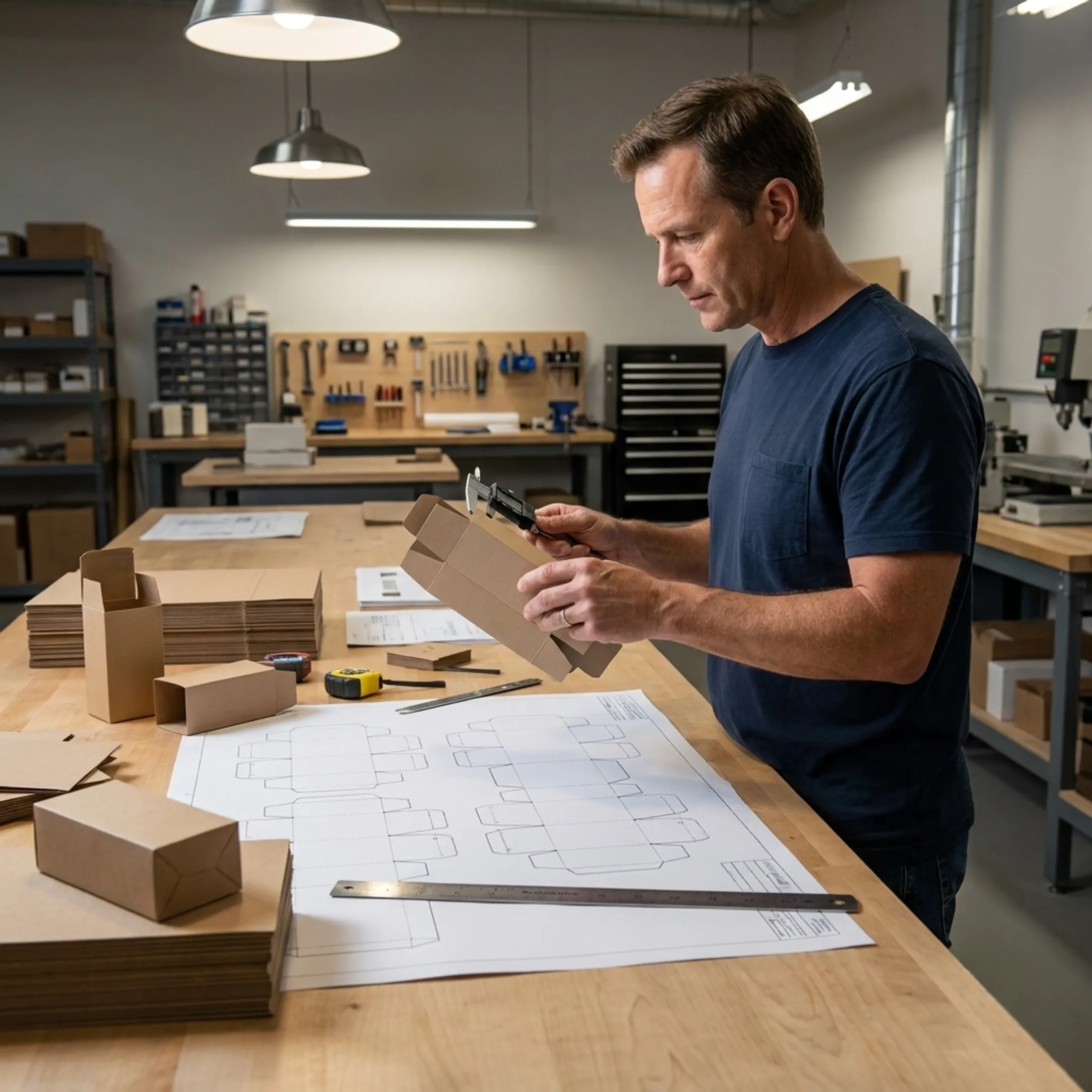 Packaging specialist reviewing a folding carton mockup