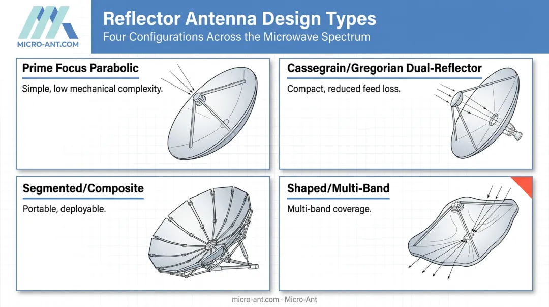 Comparison of four reflector antenna types used in defense aerospace