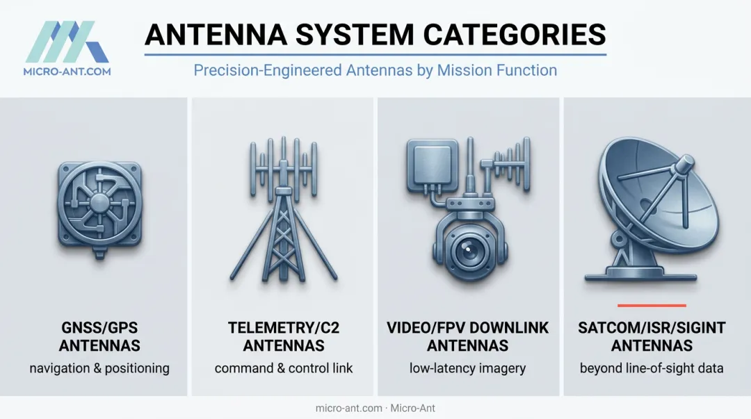 Four UAV antenna types classified by communication function overview