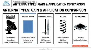 Comparison of five communications antenna types by gain and application