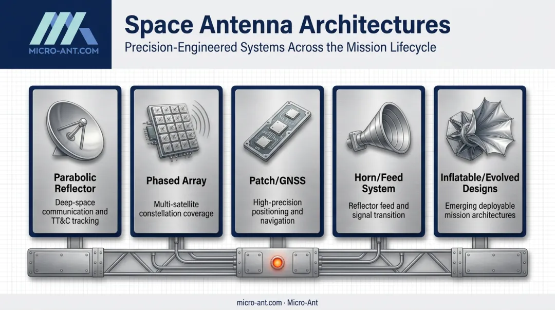 Comparison of five major space antenna types and their primary applications