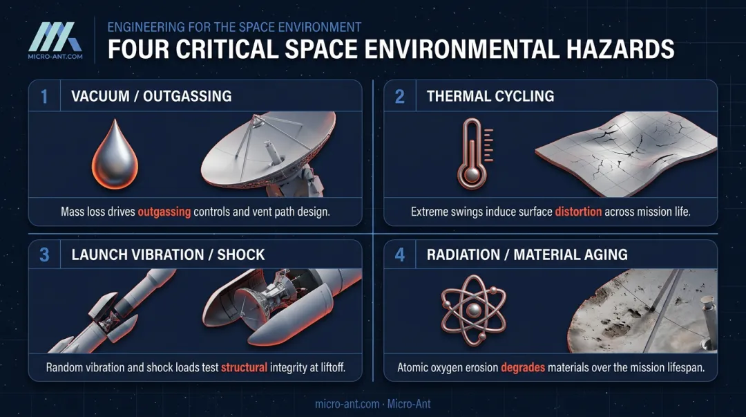 Four major space environmental challenges affecting antenna design and survival