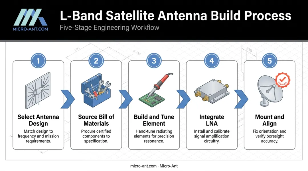 5-step L-band satellite antenna build process from design to mounting