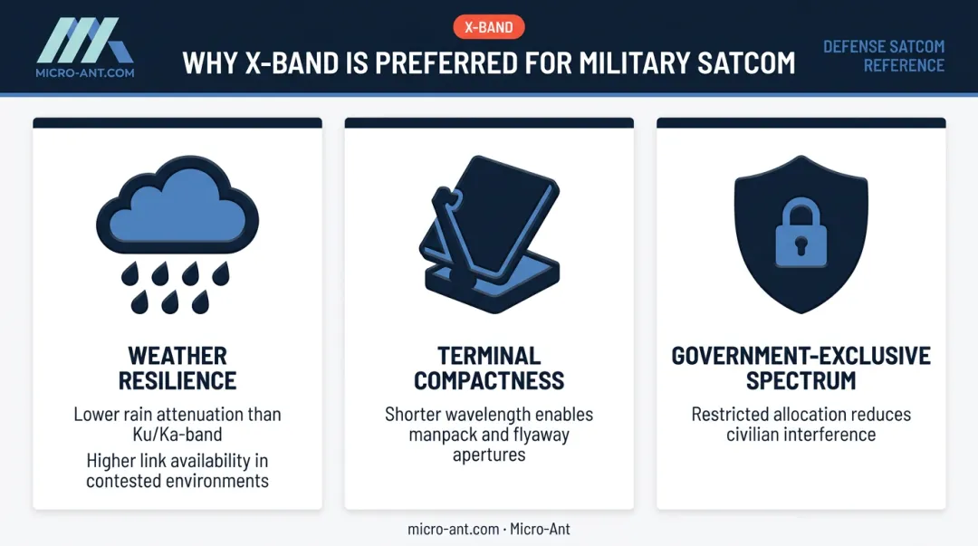 Three military X-band SATCOM advantages weather resilience terminal compactness exclusive spectrum