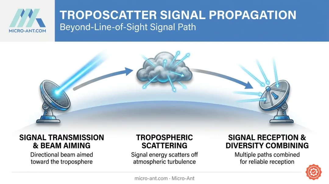 Three-stage troposcatter signal transmission scattering and reception process flow
