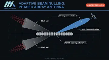 Phased array beam nulling interference suppression diagram showing signal null zones