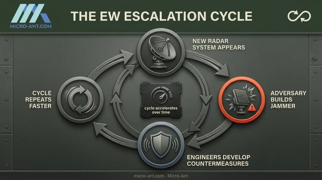 Cat-and-mouse cycle diagram of radar jamming and countermeasure development
