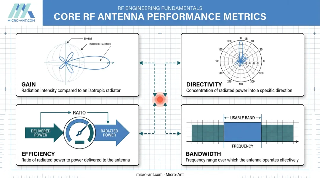 Four core RF antenna performance metrics comparison diagram