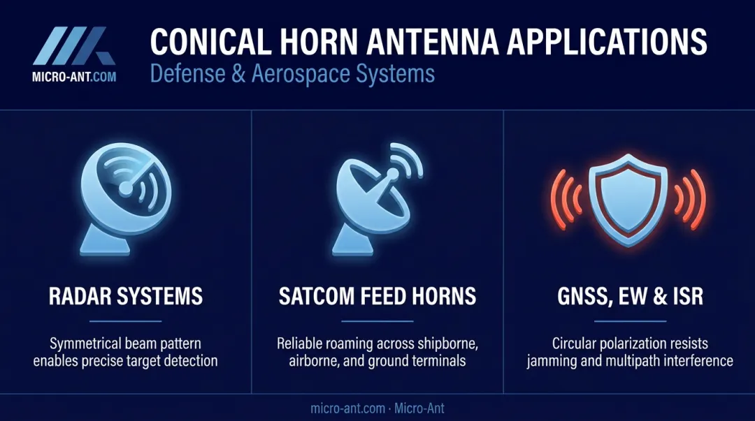 Conical horn antenna applications across radar SATCOM and GNSS missions