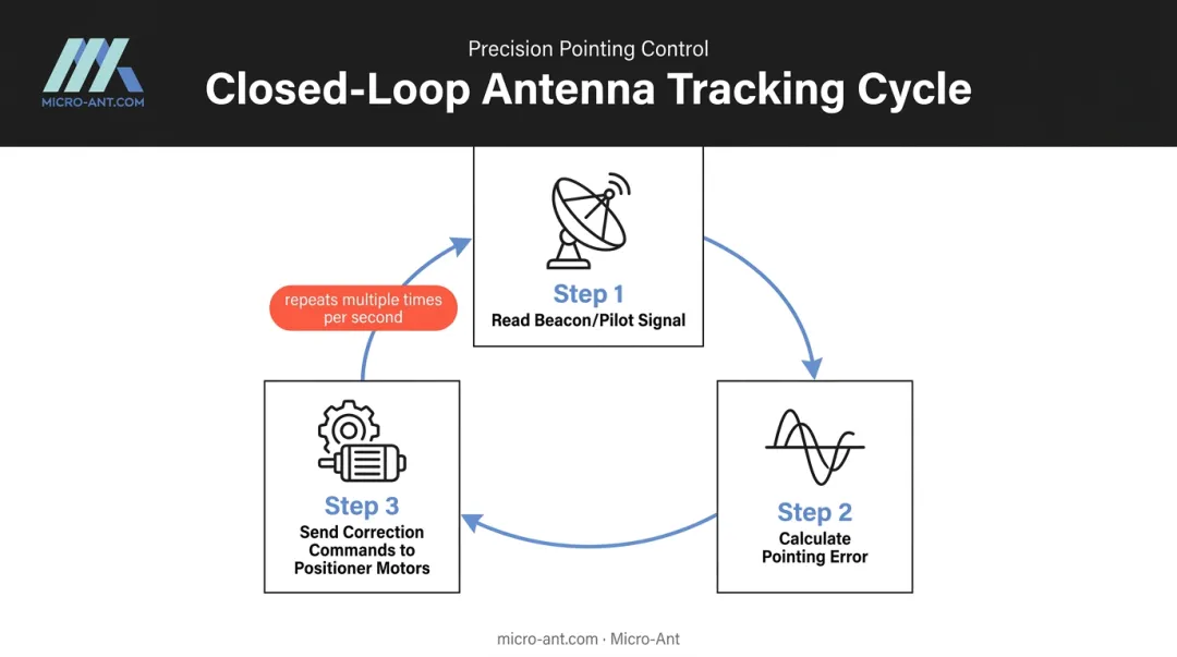 3-step closed-loop satellite tracking signal correction cycle diagram