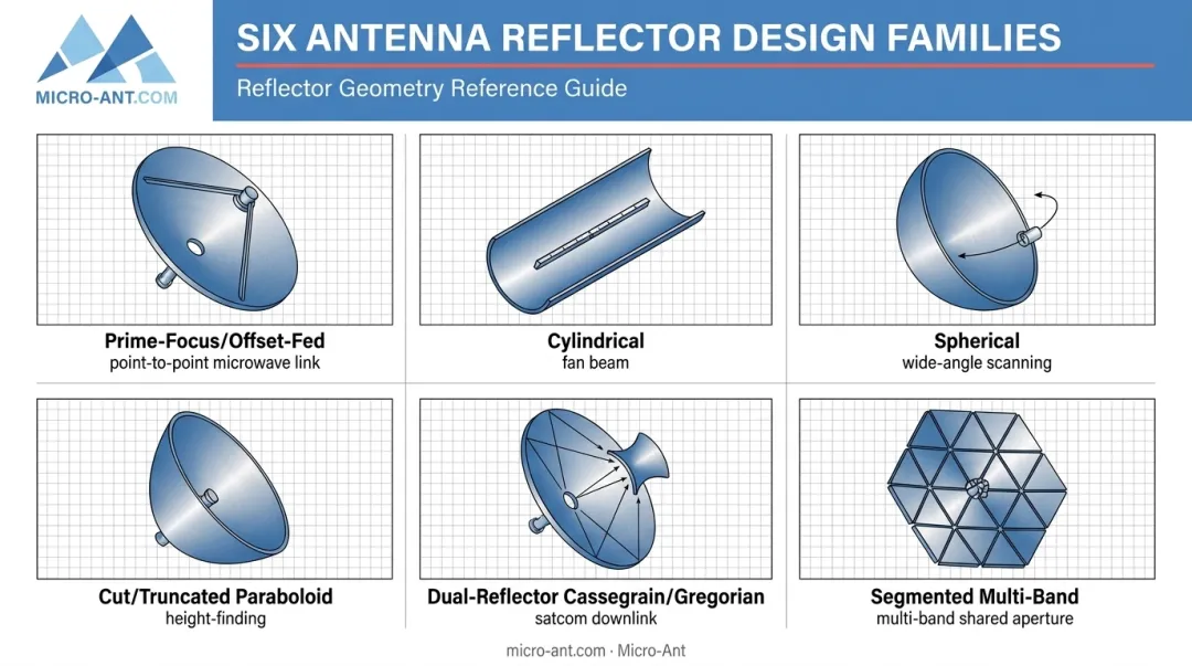 Six major shaped reflector antenna design families side-by-side comparison