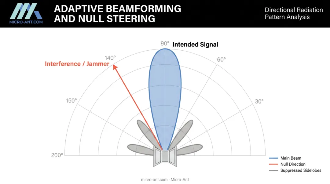 Adaptive beamforming null steering diagram showing main beam and interference cancellation